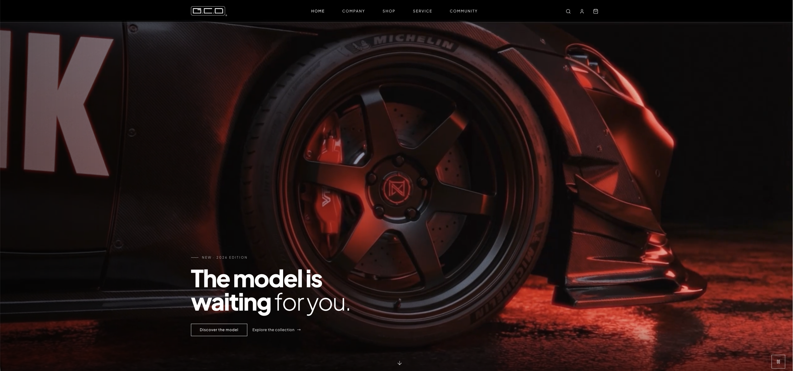 GCD Model desktop website Hero with navigation, automotive film and headline